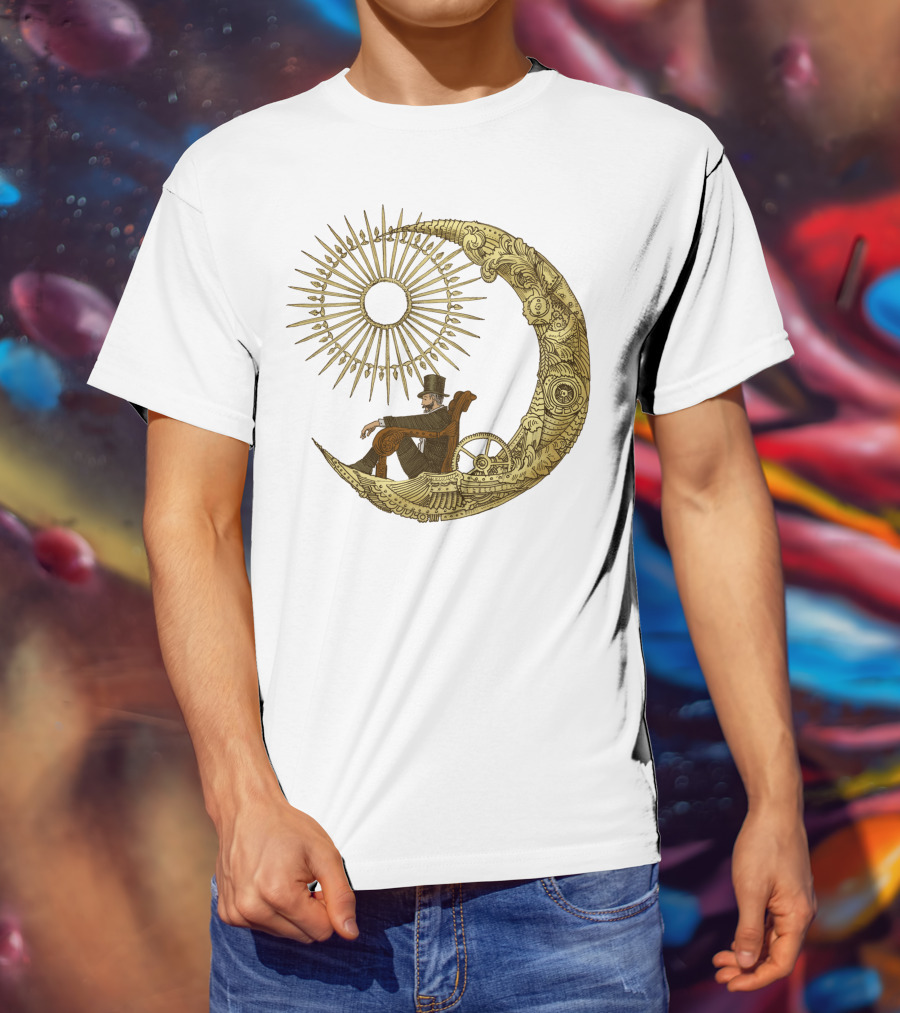 Victorian Gentleman On Ornate Crescent Moon With Sunburst - Moon Travel T-Shirt