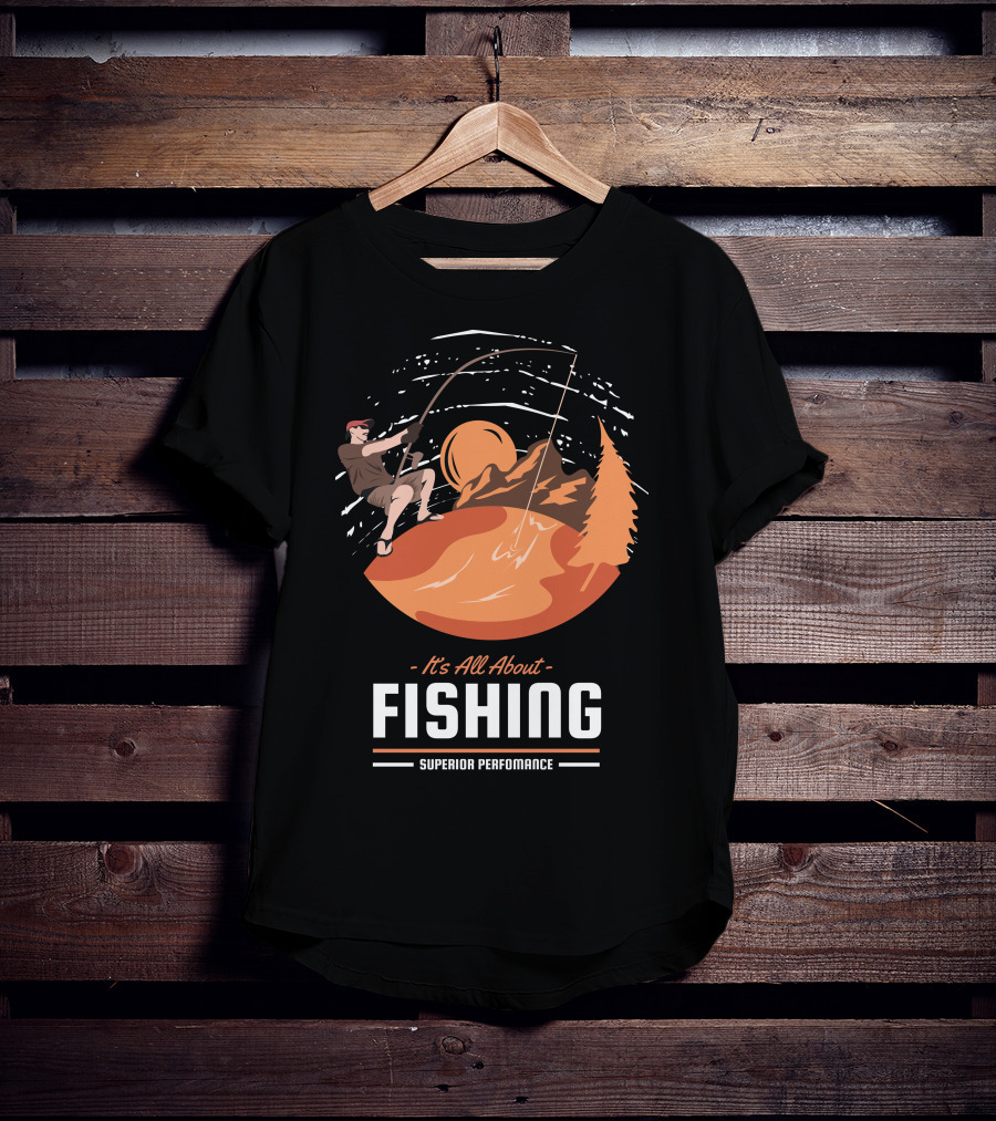 All About Fishing Superior Performance With Mountain And Sunset Scene T-Shirt