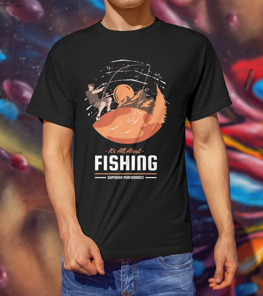 All About Fishing Superior Performance With Mountain And Sunset Scene T-Shirt