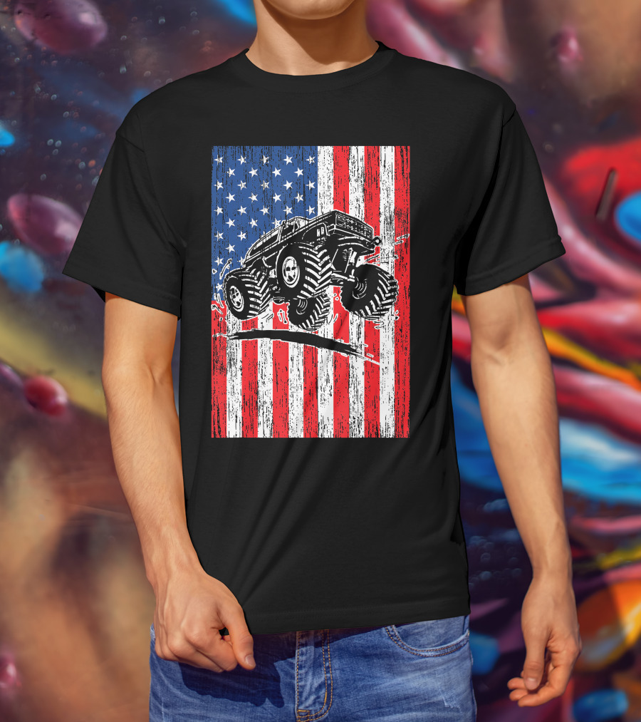 American Flag USA Monster Truck Enthusiast Patriotic T-Shirt