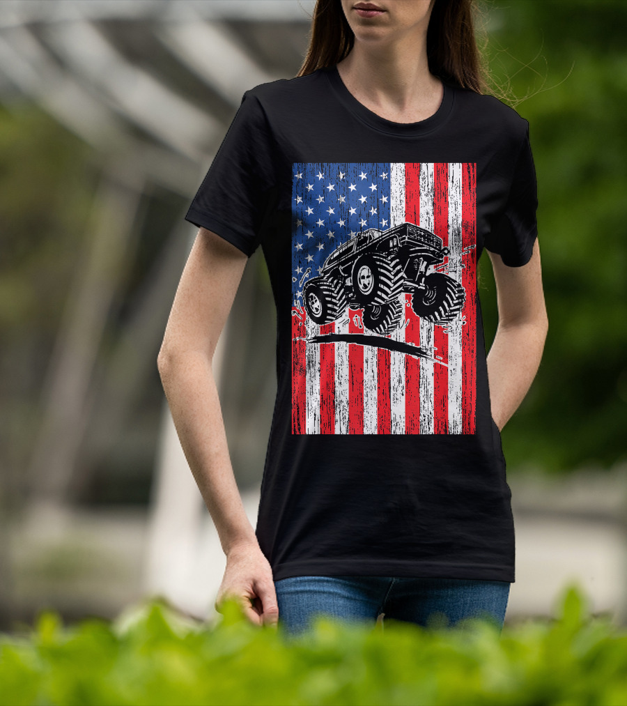 American Flag USA Monster Truck Enthusiast Patriotic T-Shirt