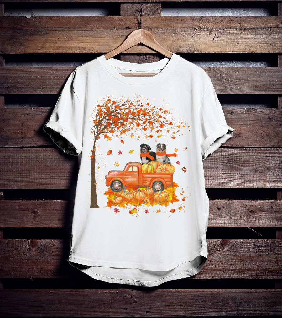 Australian Shepherds With Pumpkins On Orange Truck In Autumn Scene T-Shirt