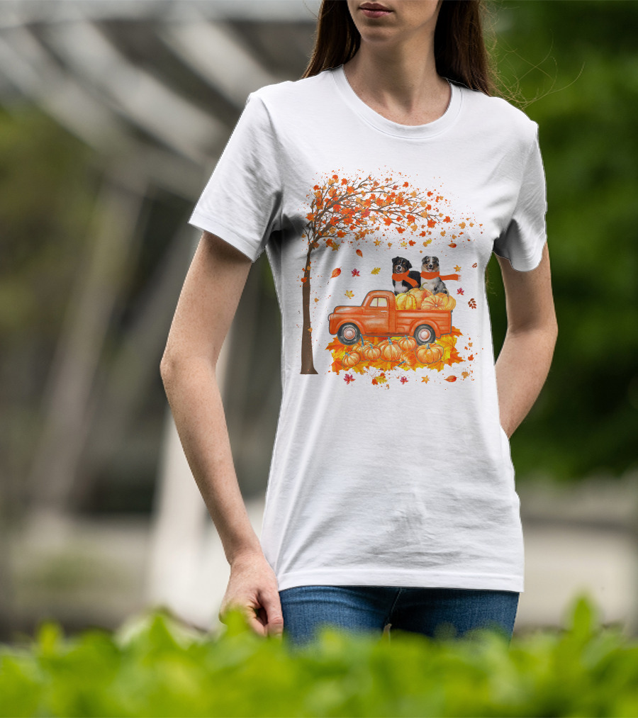 Australian Shepherds With Pumpkins On Orange Truck In Autumn Scene T-Shirt