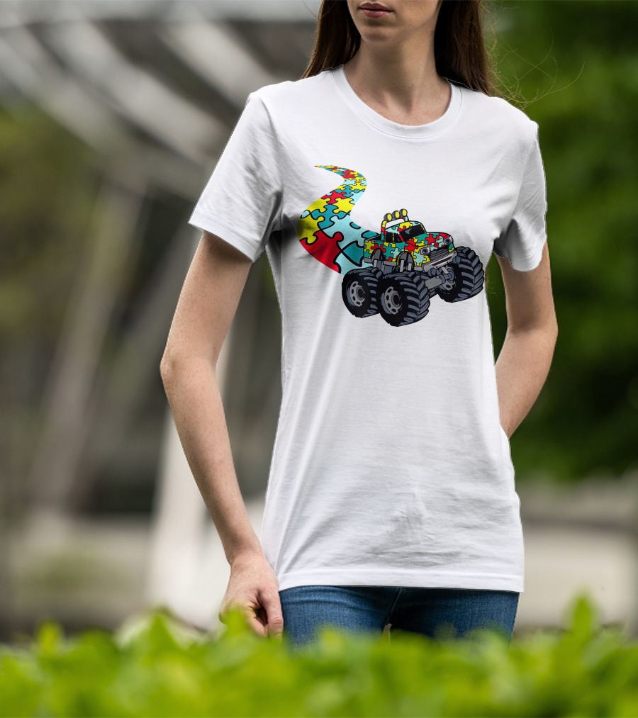 Autism Awareness Puzzle Piece Monster Truck For Boys T-Shirt