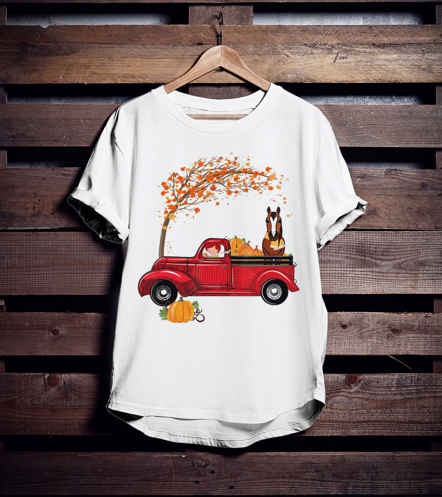 Autumn Fall Season Red Truck Horse Pumpkins Thanksgiving Day T-Shirt