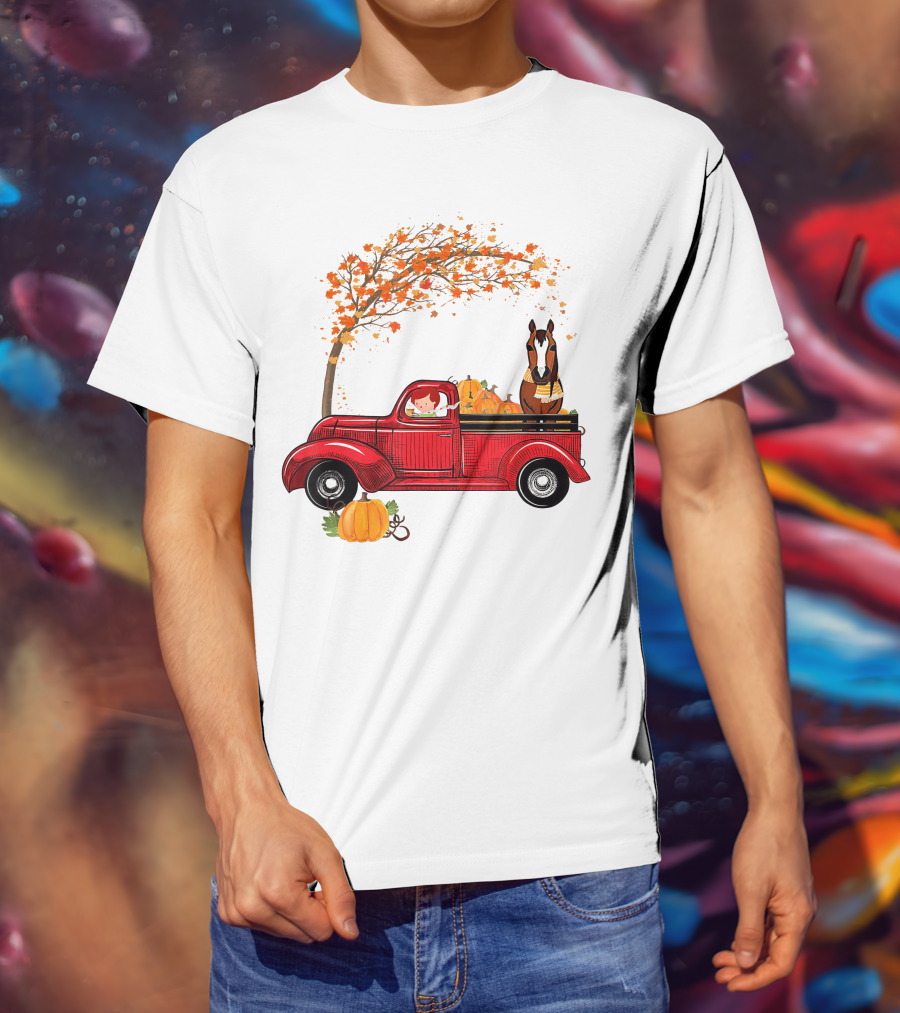 Autumn Fall Season Red Truck Horse Pumpkins Thanksgiving Day T-Shirt
