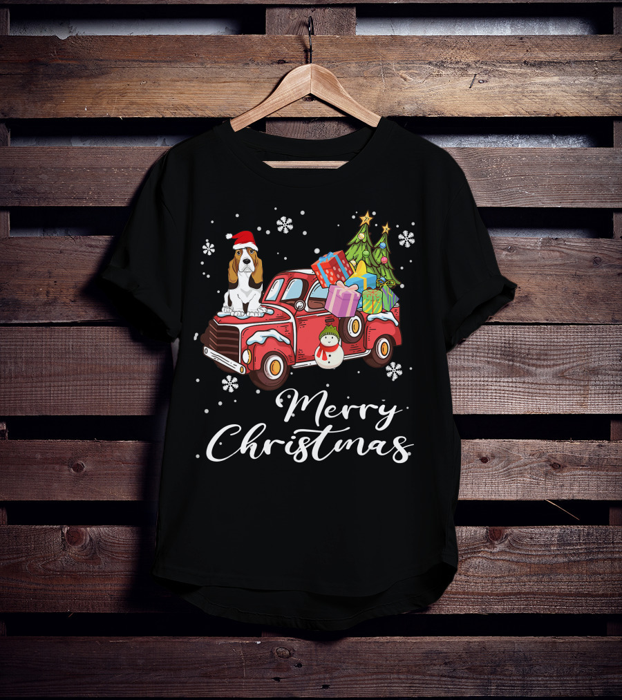 Basset Hound With Gifts And Snowman On Red Truck Merry Christmas T-Shirt