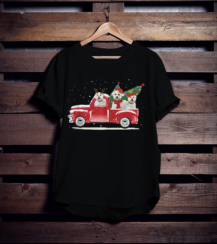 Bichon Frise Reindeer And Santa Christmas Truck With Trees T-Shirt