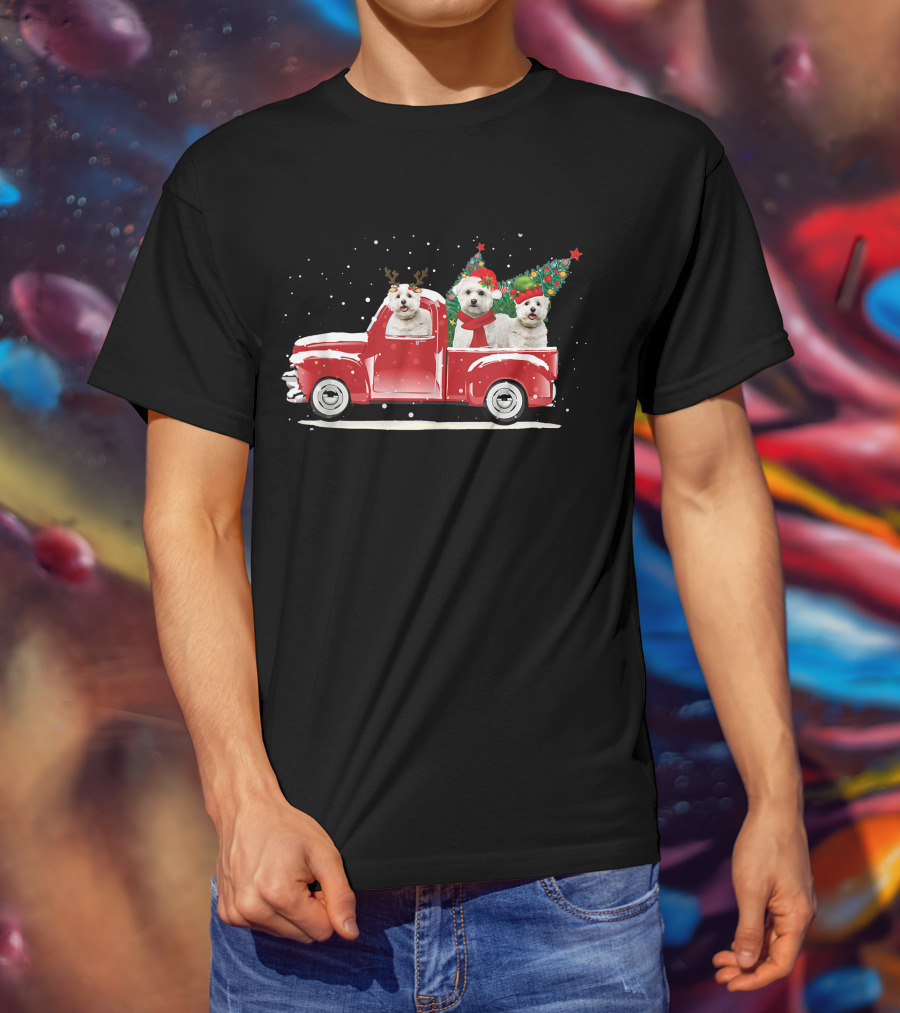 Bichon Frise Reindeer And Santa Christmas Truck With Trees T-Shirt