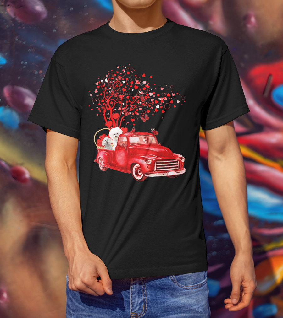 Bichon Frise Valentine Red Truck With Heart Tree And Butterflies T-Shirt