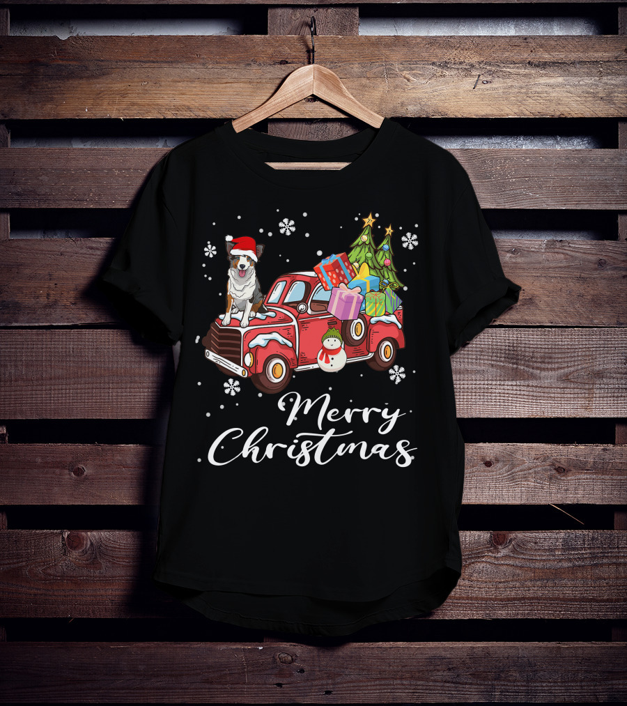 Border Collie On Red Truck With Gifts Snowflakes And Merry Christmas Text T-Shirt
