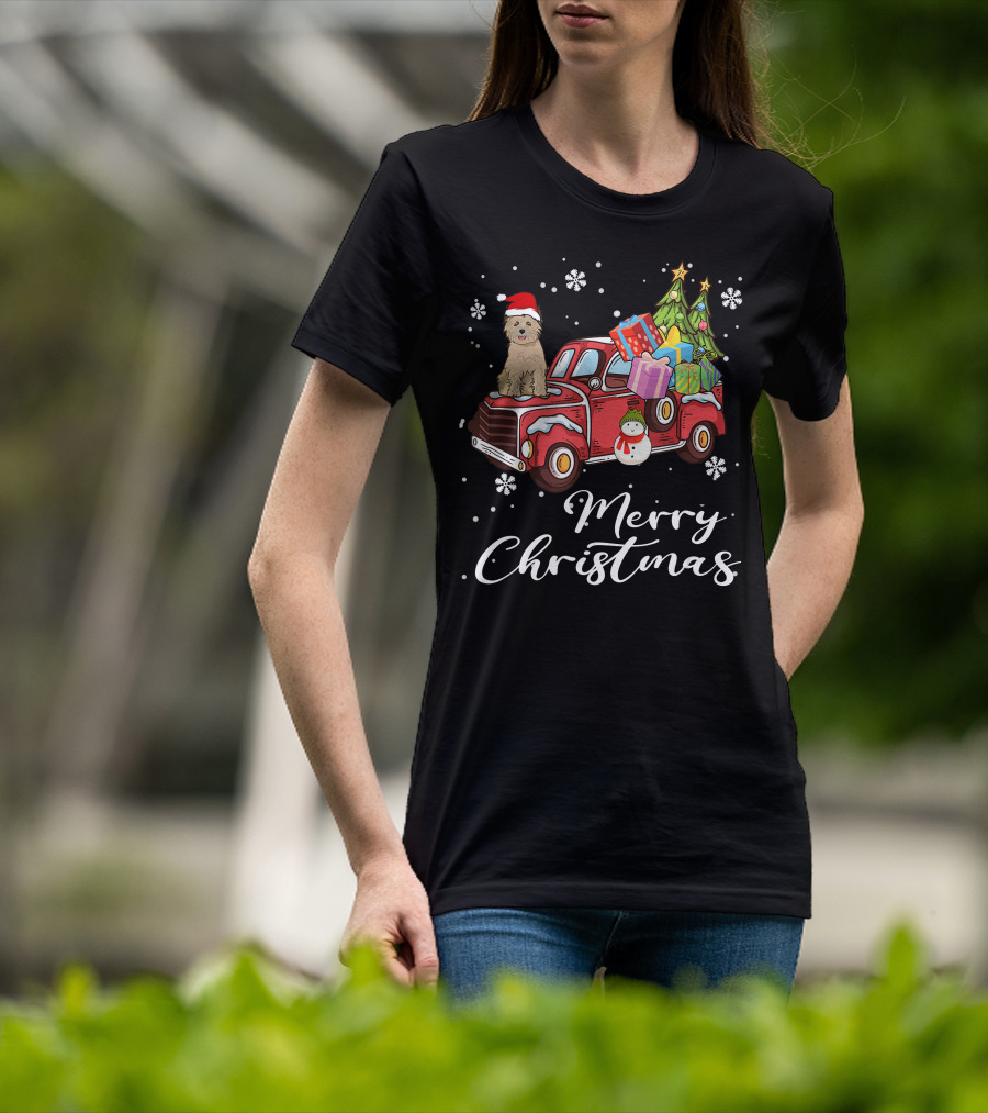 Cairn Terrier Riding Red Truck Merry Christmas Snowflakes Presents Tree Snowman T-Shirt