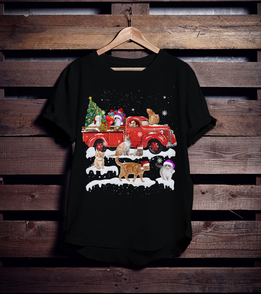 Merry Christmas Cat Riding Red Truck With Kittens And X Mas Tree T-Shirt