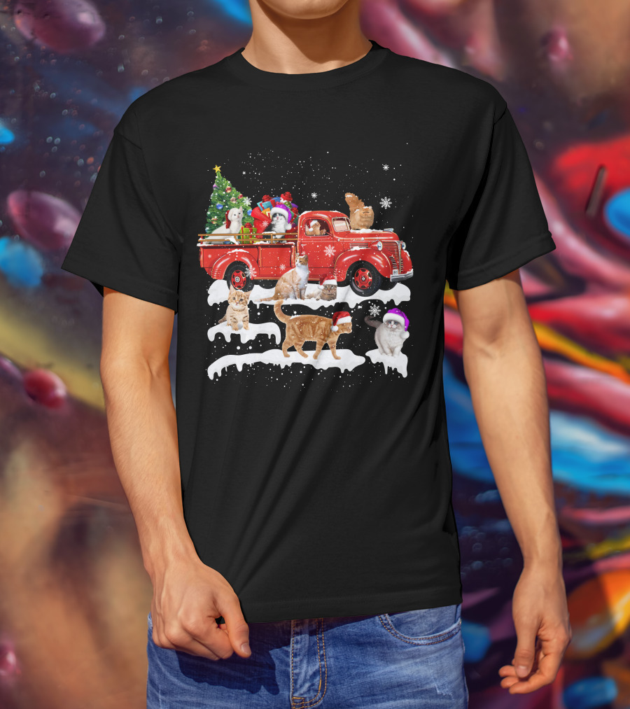 Merry Christmas Cat Riding Red Truck With Kittens And X Mas Tree T-Shirt