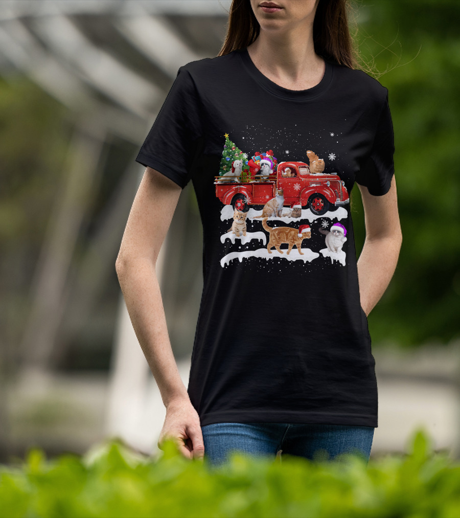 Merry Christmas Cat Riding Red Truck With Kittens And X Mas Tree T-Shirt