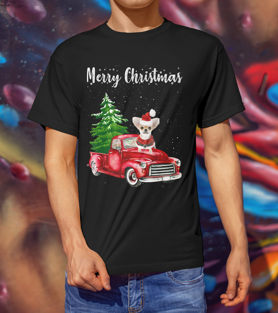 Merry Christmas Chihuahua With Santa Hat Riding Red Truck And Christmas Tree T-Shirt