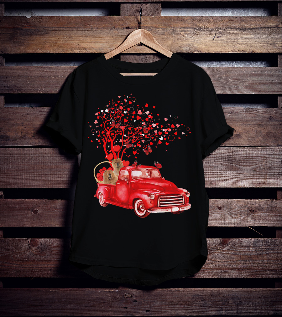 Chow Chow In Red Truck With Butterfly Valentine Heart Tree T-Shirt