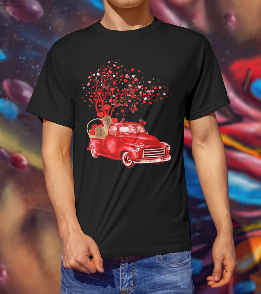 Chow Chow In Red Truck With Butterfly Valentine Heart Tree T-Shirt