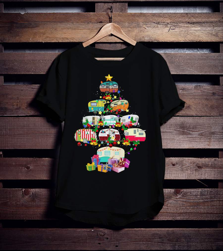 Christmas Camping Lover X Mas Camper Tree With Trucks And Gifts T-Shirt