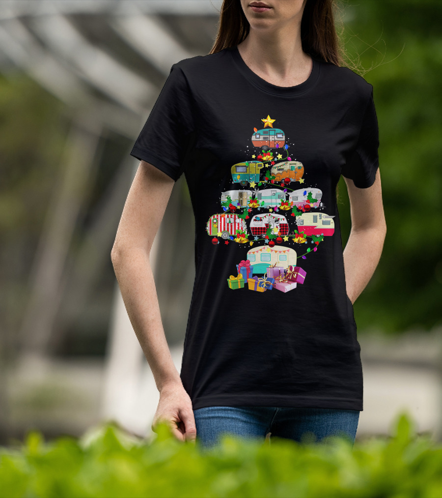 Christmas Camping Lover X Mas Camper Tree With Trucks And Gifts T-Shirt