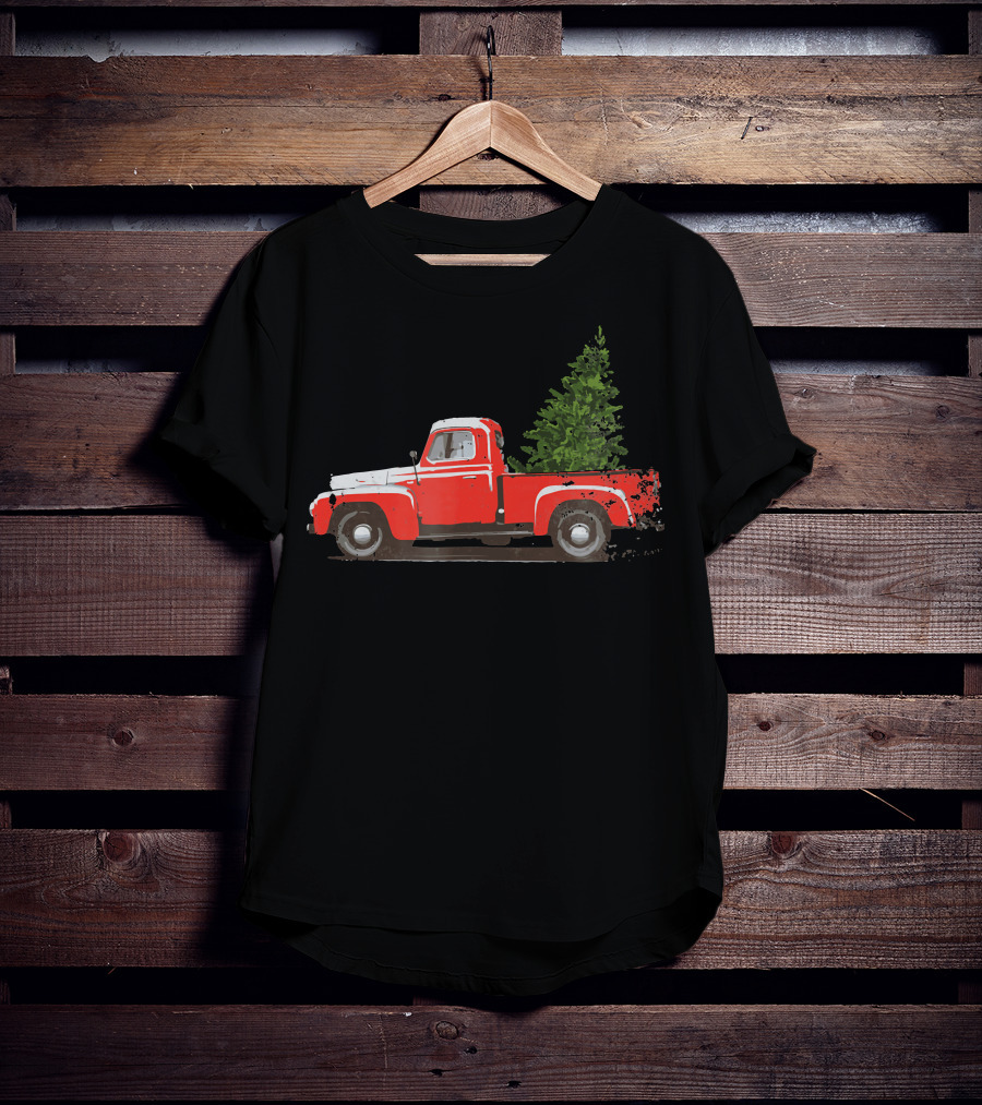 Classic Red Pickup Truck With Christmas Tree T-Shirt