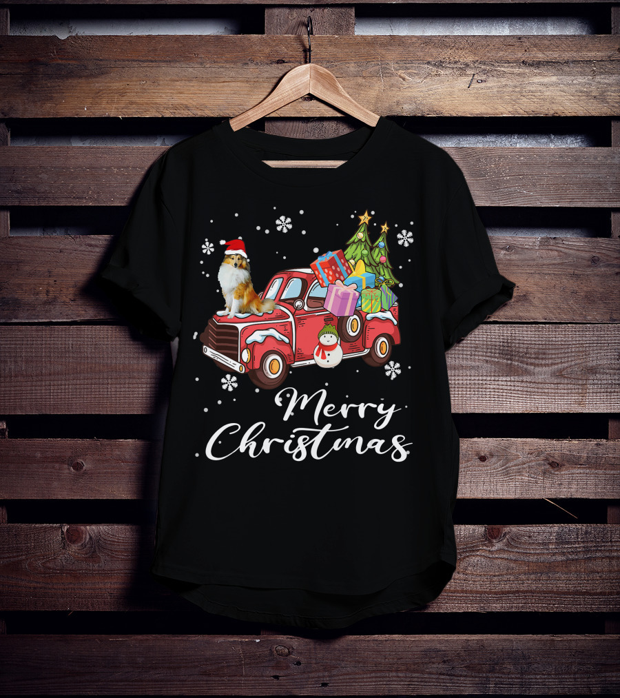 Merry Christmas Collie On Red Truck With Gifts And Snowman T-Shirt