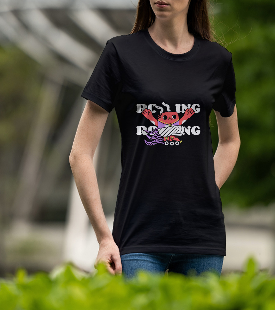 Rolling Cartoon Character With Purple Roller Skates And Wavy Hair T-Shirt