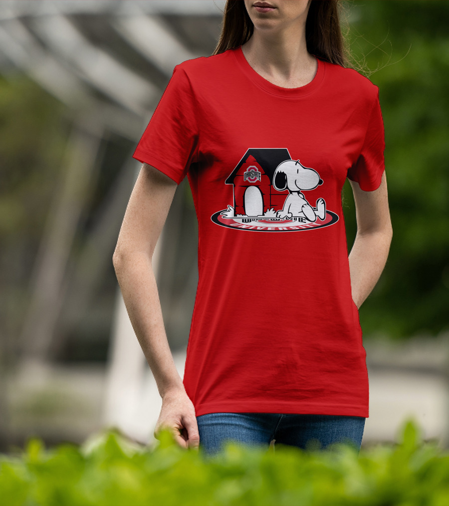 Ohio State Football Fan Now And Forever University Emblem With Snoopy Doghouse T-Shirt