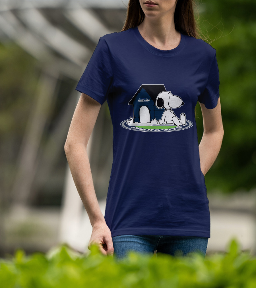 Seattle Seahawks Fan Forever With Snoopy Sitting By Doghouse T-Shirt