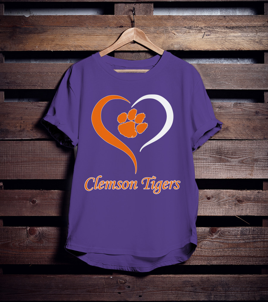 Clemson Tigers Heart Paw Print Purple And Orange T-Shirt