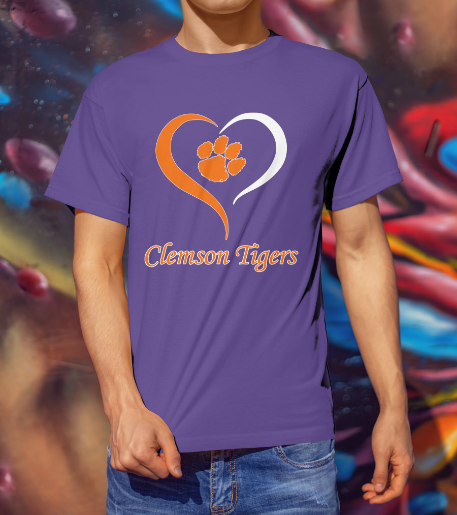 Clemson Tigers Heart Paw Print Purple And Orange T-Shirt