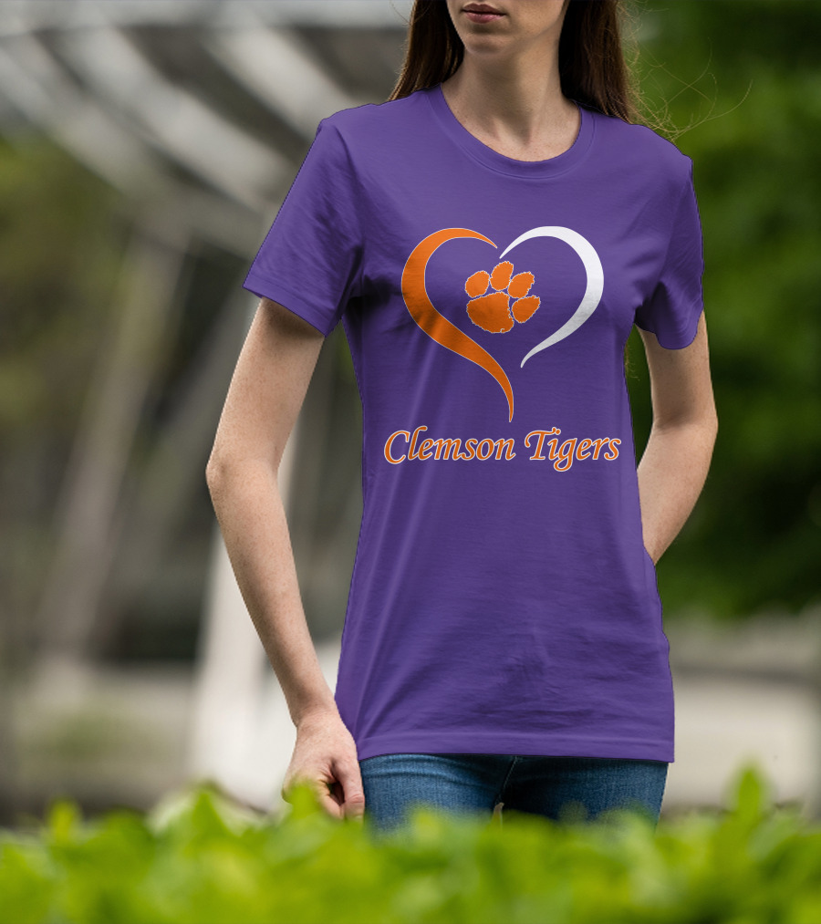 Clemson Tigers Heart Paw Print Purple And Orange T-Shirt