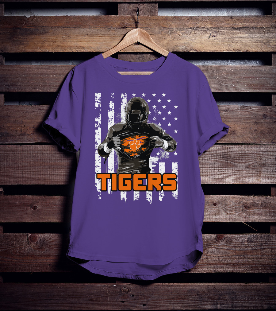 Tigers Player With Paw Logo And Flag Background T-Shirt