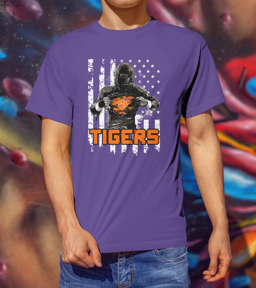Tigers Player With Paw Logo And Flag Background T-Shirt