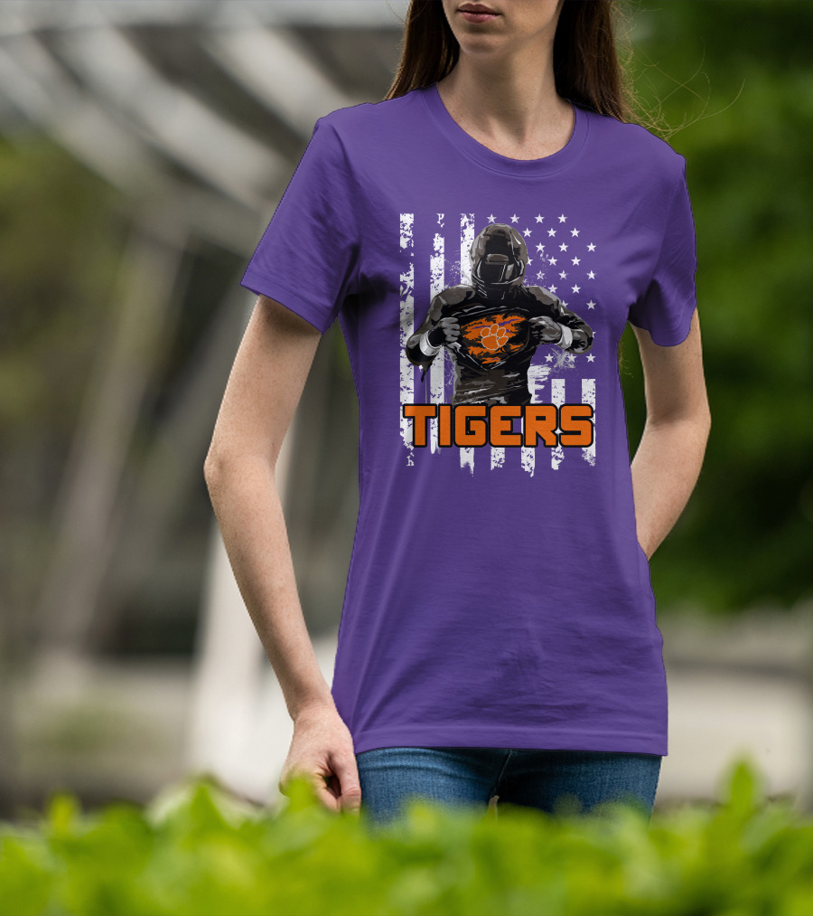 Tigers Player With Paw Logo And Flag Background T-Shirt