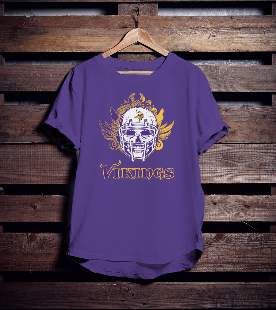 Vikings Skull Helmet With Purple And Yellow Wings T-Shirt