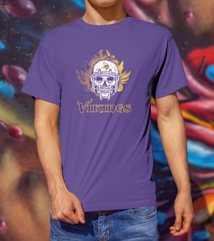 Vikings Skull Helmet With Purple And Yellow Wings T-Shirt