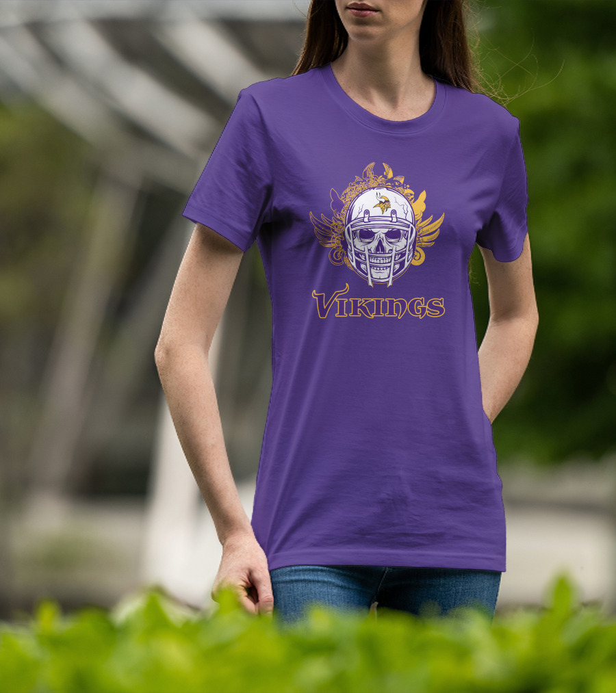 Vikings Skull Helmet With Purple And Yellow Wings T-Shirt