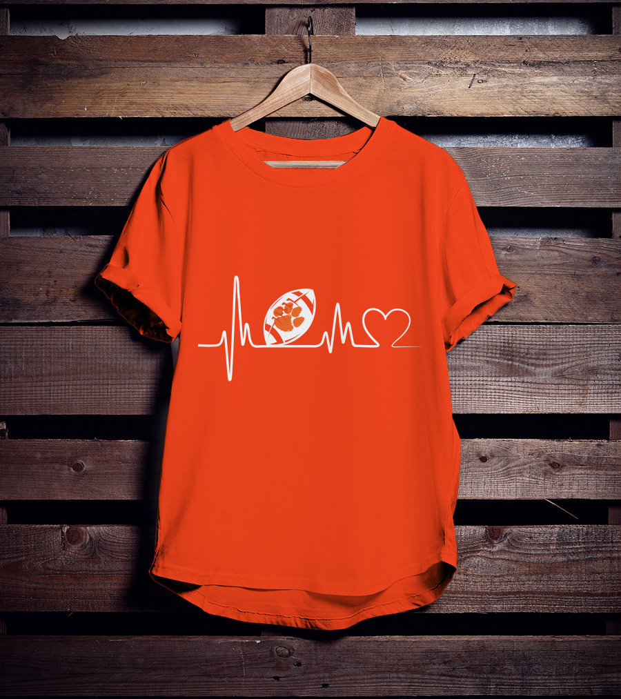 Clemson Tigers Heartbeat Football Paw Prints T-Shirt