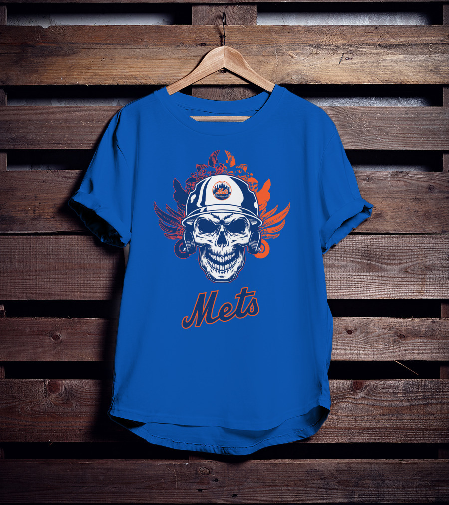 New York Mets Skull Helmet Logo With Wings T-Shirt