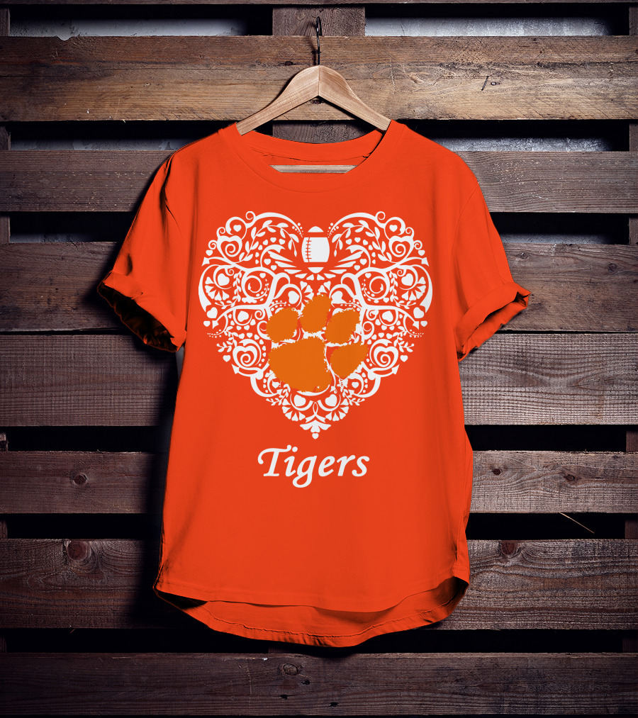 Heart-Shaped Design With Clemson Tigers Paw And Football Elements T-Shirt