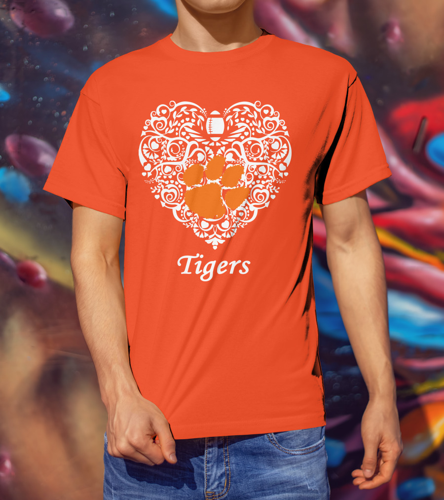 Heart-Shaped Design With Clemson Tigers Paw And Football Elements T-Shirt