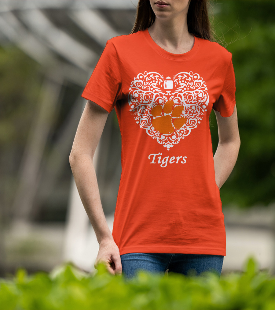 Heart-Shaped Design With Clemson Tigers Paw And Football Elements T-Shirt