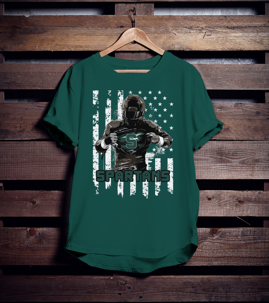 Spartans Player With S Emblem And American Flag Background T-Shirt
