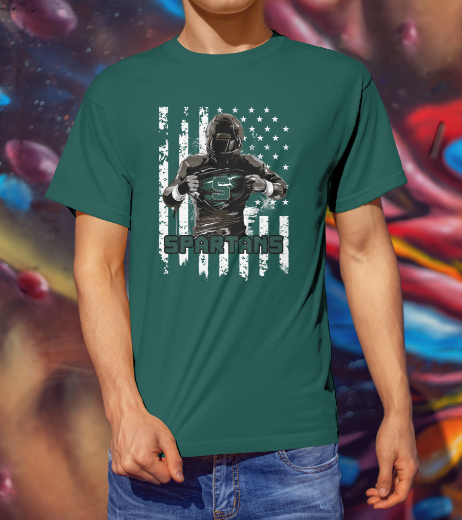 Spartans Player With S Emblem And American Flag Background T-Shirt