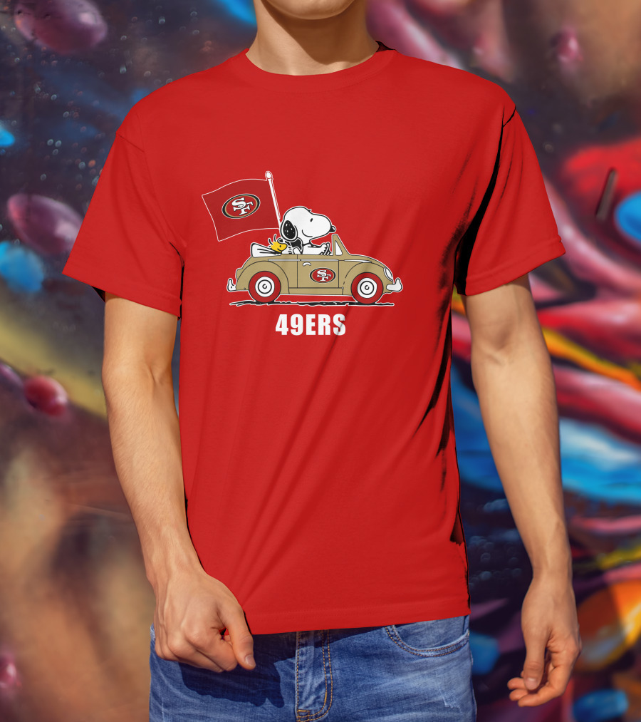 San Francisco 49ers Snoopy Driving Car With Sf Flag T-Shirt