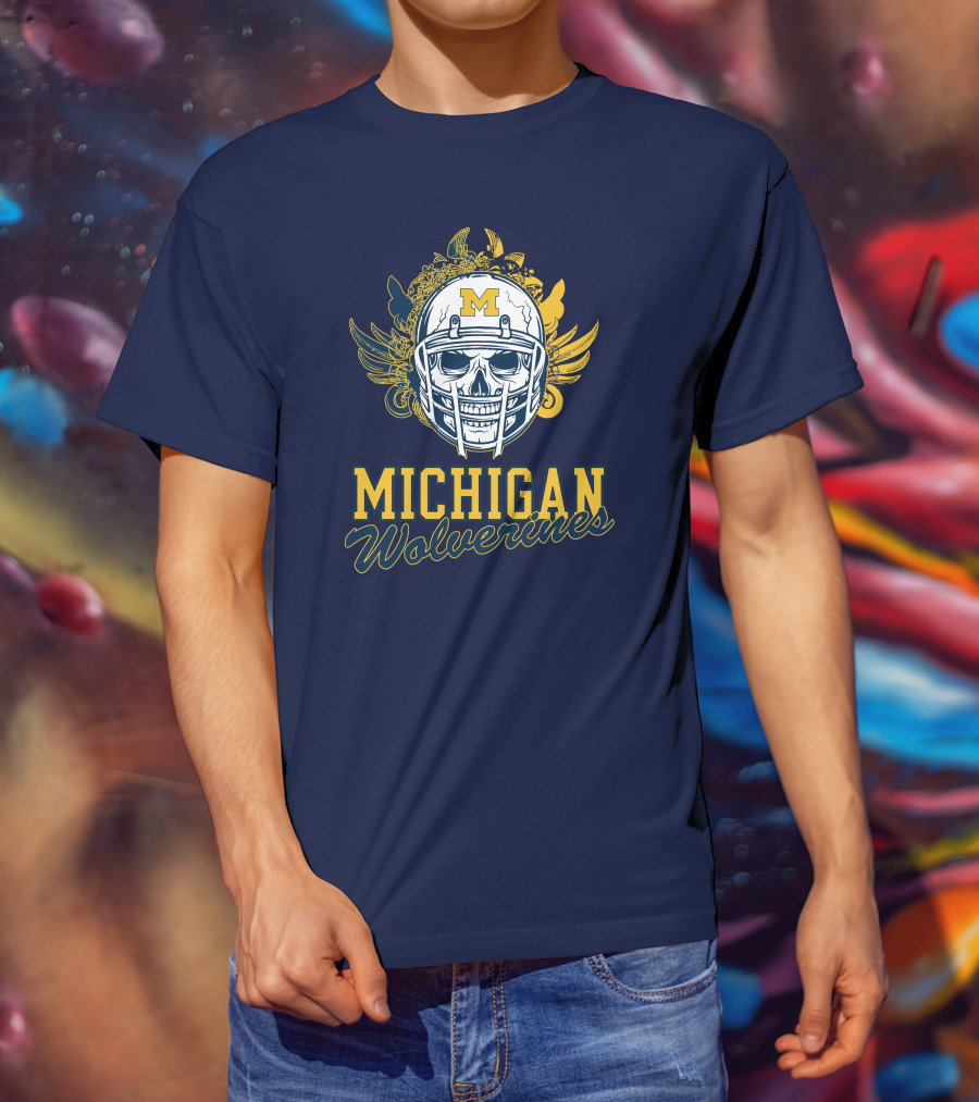 Michigan Wolverines Skull Helmet With Floral Wings T-Shirt