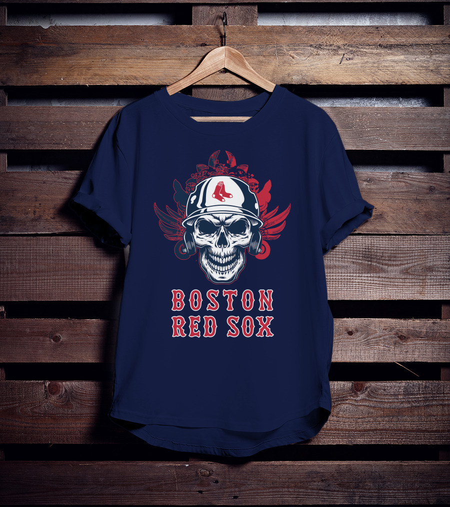 Boston Red Sox Skull With Baseball Helmet And Wings T-Shirt