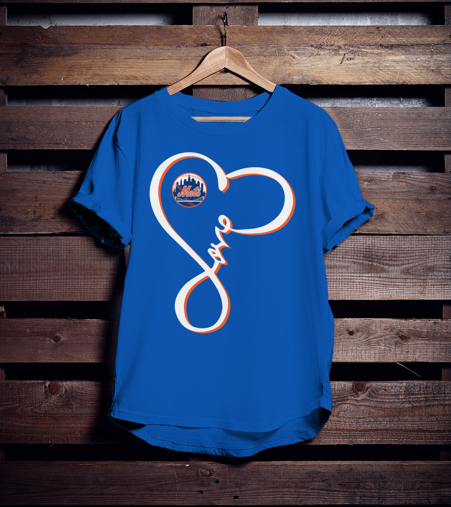 New York Mets Love Script With Heart Outline T-Shirt