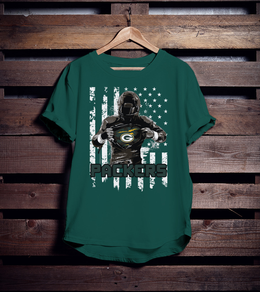 Packers Player With Flag Background And Green Bay T-Shirt